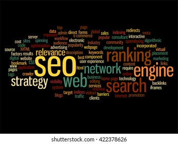 Vector concept or conceptual search engine optimization, seo abstract word cloud isolated on background, metaphor to marketing, web, internet, strategy, online, rank, result,  network, top, relevance