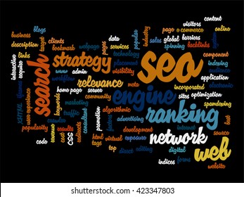 Vector concept or conceptual search engine optimization, seo abstract word cloud isolated on background, metaphor to marketing, web, internet, strategy, online, rank, result,  network, top, relevance