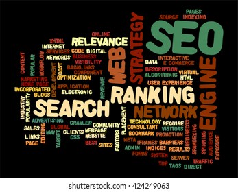 Vector concept or conceptual search engine optimization, seo abstract word cloud isolated on background, metaphor to marketing, web, internet, strategy, online, rank, result,  network, top, relevance