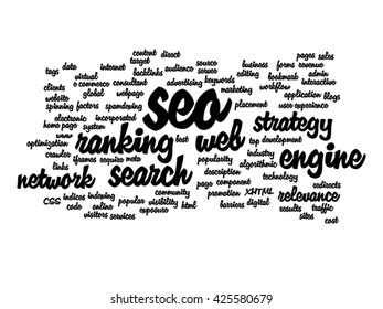 Vector concept or conceptual search engine optimization, seo abstract word cloud isolated on background, metaphor to marketing, web, internet, strategy, online, rank, result,  network, top, relevance