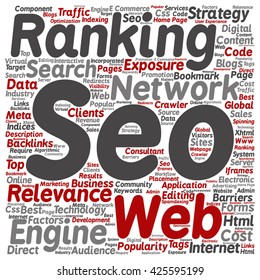 Vector concept or conceptual search engine optimization, seo square word cloud isolated on background, metaphor to marketing, web, internet, strategy, online, rank, result,  network, top, relevance