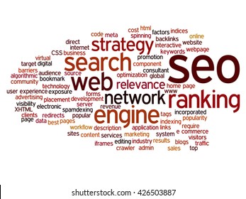 Vector concept or conceptual search engine optimization, seo abstract word cloud isolated on background, metaphor to marketing, web, internet, strategy, online, rank, result,  network, top, relevance