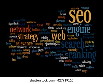 Vector concept or conceptual search engine optimization, seo abstract word cloud isolated on background, metaphor to marketing, web, internet, strategy, online, rank, result,  network, top, relevance