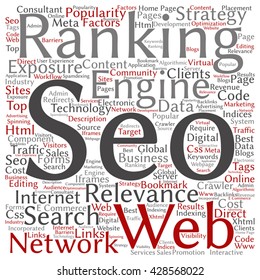 Vector concept or conceptual search engine optimization, seo square word cloud isolated on background, metaphor to marketing, web, internet, strategy, online, rank, result,  network, top, relevance