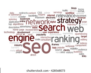 Vector concept or conceptual search engine optimization, seo abstract word cloud isolated on background, metaphor to marketing, web, internet, strategy, online, rank, result,  network, top, relevance