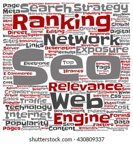 Vector concept or conceptual search engine optimization, seo square word cloud isolated on background, metaphor to marketing, web, internet, strategy, online, rank, result,  network, top, relevance