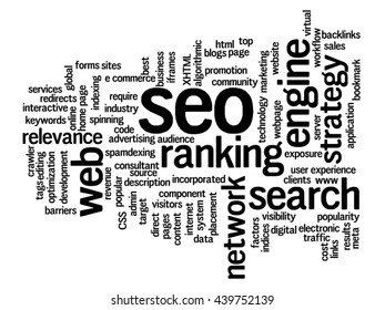 Vector concept or conceptual search engine optimization, seo abstract word cloud isolated on background, metaphor to marketing, web, internet, strategy, online, rank, result,  network, top, relevance