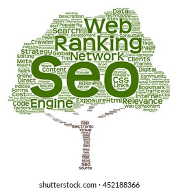Vector concept conceptual search engine optimization, seo abstract tree  word cloud isolated on background metaphor to marketing, web, internet, strategy, online, rank, result,  network, top relevance