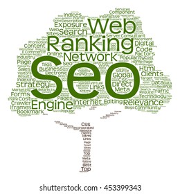 Vector concept conceptual search engine optimization, seo abstract tree  word cloud isolated on background metaphor to marketing, web, internet, strategy, online, rank, result,  network, top relevance