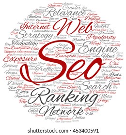 Vector concept conceptual search engine optimization, seo abstract round word cloud isolated on background metaphor to marketing, web, internet, strategy, online, rank, result,  network, top relevance