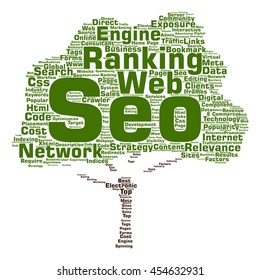 Vector concept conceptual search engine optimization, seo abstract tree word cloud isolated on background metaphor to marketing, web, internet, strategy, online, rank, result, network, top, relevance