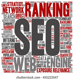 Vector concept conceptual search engine optimization, seo abstract square word cloud isolated on background metaphor to marketing, web, internet, strategy, online, rank, result,  network top relevance