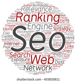 Vector concept conceptual search engine optimization, seo abstract round word cloud isolated on background metaphor to marketing, web, internet, strategy, online, rank, result,  network, top relevance