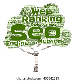 Vector concept conceptual search engine optimization, seo abstract tree  word cloud isolated on background metaphor to marketing, web, internet, strategy, online, rank, result,  network, top relevance