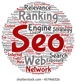 Vector concept conceptual search engine optimization, seo abstract round word cloud isolated on background metaphor to marketing, web, internet, strategy, online, rank, result,  network, top relevance