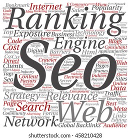 Vector concept conceptual search engine optimization, seo abstract square word cloud isolated on background metaphor to marketing, web, internet, strategy, online, rank, result,  network top relevance