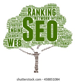 Vector concept conceptual search engine optimization, seo abstract tree word cloud isolated on background metaphor to marketing, web, internet, strategy, online, rank, result,  network, top, relevance