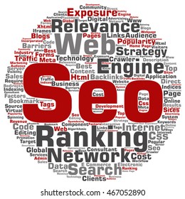 Vector concept conceptual search engine optimization, seo abstract round word cloud isolated on background metaphor to marketing, web, internet, strategy, online, rank, result,  network, top relevance