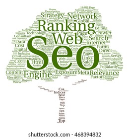 Vector concept conceptual search engine optimization, seo abstract tree  word cloud isolated on background metaphor to marketing, web, internet, strategy, online, rank, result,  network, top relevance