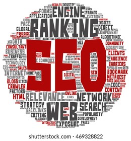 Vector concept conceptual search engine optimization, seo abstract round word cloud isolated on background metaphor to marketing, web, internet, strategy, online, rank, result,  network, top relevance