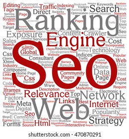 Vector concept or conceptual search engine optimization, seo square word cloud isolated on background, metaphor to marketing, web, internet, strategy, online, rank, result, network, top, relevance