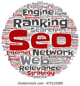 Vector concept conceptual search engine optimization, seo abstract round word cloud isolated on background metaphor to marketing, web, internet, strategy, online, rank, result,  network, top relevance