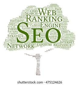 Vector concept conceptual search engine optimization, seo abstract tree  word cloud isolated on background metaphor to marketing, web, internet, strategy, online, rank, result,  network, top relevance