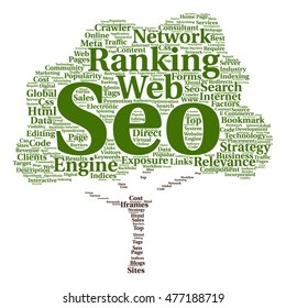 Vector concept conceptual search engine optimization, seo abstract tree  word cloud isolated on background metaphor to marketing, web, internet, strategy, online, rank, result,  network, top relevance