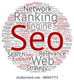 Vector concept conceptual search engine optimization, seo abstract round word cloud isolated on background metaphor to marketing, web internet, strategy, online, rank, result,  network, top, relevance