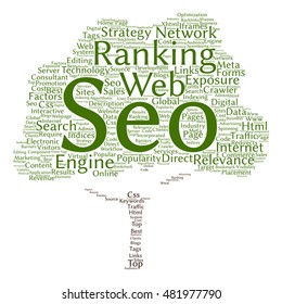 Vector concept conceptual search engine optimization, seo abstract tree word cloud isolated on background metaphor to marketing, web, internet, strategy, online, rank, result,  network, top, relevance