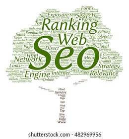 Vector concept conceptual search engine optimization, seo abstract tree word cloud isolated on background metaphor to marketing, web, internet, strategy, online, rank, result, network, top relevance