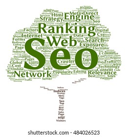 Vector concept conceptual search engine optimization, seo abstract tree  word cloud isolated on background metaphor to marketing, web, internet, strategy, online, rank, result,  network, top relevance