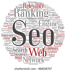 Vector concept conceptual search engine optimization, seo abstract round word cloud isolated on background metaphor to marketing, web, internet, strategy, online, rank, result,  network, top relevance