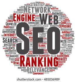Vector concept conceptual search engine optimization, seo abstract round word cloud isolated on background metaphor to marketing, web, internet, strategy, online, rank, result,  network, top relevance