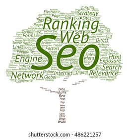 Vector concept conceptual search engine optimization, seo abstract tree  word cloud isolated on background metaphor to marketing, web, internet, strategy, online, rank, result,  network, top relevance