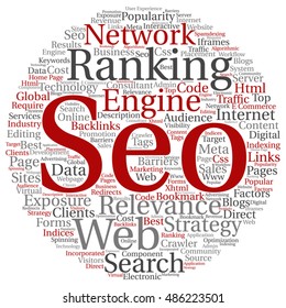 Vector concept conceptual search engine optimization, seo abstract round word cloud isolated on background metaphor to marketing, web, internet, strategy, online, rank, result,  network, top relevance