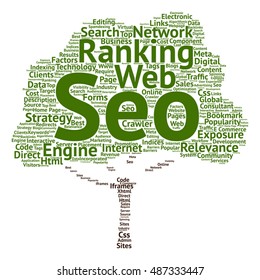 Vector concept conceptual search engine optimization, seo abstract tree word cloud isolated on background metaphor to marketing, web, internet, strategy, online, rank, result,  network, top, relevance