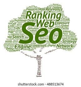 Vector concept conceptual search engine optimization, seo abstract tree  word cloud isolated on background metaphor to marketing, web, internet, strategy, online, rank, result,  network, top relevance