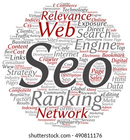 Vector concept conceptual search engine optimization, seo abstract round word cloud isolated on background metaphor to marketing, web, internet, strategy, online, rank, result,  network, top relevance