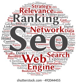 Vector concept conceptual search engine optimization, seo abstract round word cloud isolated on background metaphor to marketing, web, internet, strategy, online, rank, result,  network, top relevance