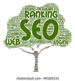 Vector concept conceptual search engine optimization, seo abstract tree word cloud isolated on background metaphor to marketing, web, internet, strategy, online, rank, result, network, top relevance