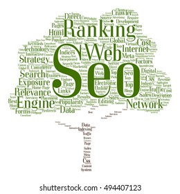 Vector concept conceptual search engine optimization, seo abstract tree  word cloud isolated on background metaphor to marketing, web, internet, strategy, online, rank, result,  network, top relevance
