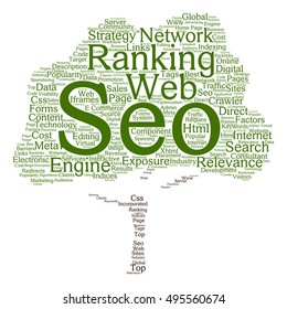 Vector concept conceptual search engine optimization, seo abstract tree  word cloud isolated on background metaphor to marketing, web, internet, strategy, online, rank, result,  network, top relevance