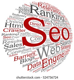 Vector concept or conceptual search engine optimization, seo abstract word cloud isolated on background metaphor to marketing, web, internet, strategy, online, rank, result,  network, top, relevance