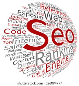 Vector concept or conceptual search engine optimization, seo abstract word cloud isolated on background metaphor to marketing, web, internet, strategy, online, rank, result,  network, top, relevance