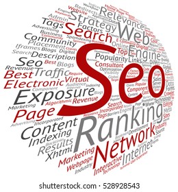 Vector concept or conceptual search engine optimization, seo abstract word cloud isolated on background metaphor to marketing, web, internet, strategy, online, rank, result,  network, top, relevance