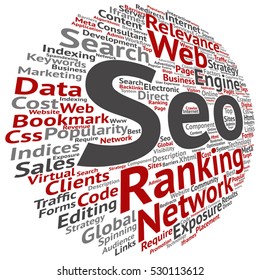 Conceito vetorial ou otimização de motor de busca conceitual, seo palavra abstrata nuvem isolada em metáfora de fundo para marketing, web, internet, estratégia, online, classificação, resultado, rede, topo, relevância