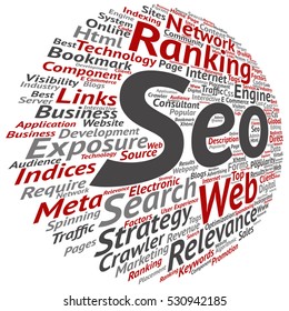 Vector concept or conceptual search engine optimization, seo abstract word cloud isolated on background metaphor to marketing, web, internet, strategy, online, rank, result,  network, top, relevance