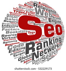 Vector concept or conceptual search engine optimization, seo abstract word cloud isolated on background metaphor to marketing, web, internet, strategy, online, rank, result,  network, top, relevance