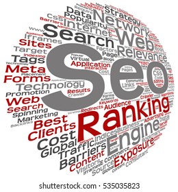 Vector concept or conceptual search engine optimization, seo abstract word cloud isolated on background, metaphor to marketing, web, internet, strategy, online, rank, result,  network, top, relevance